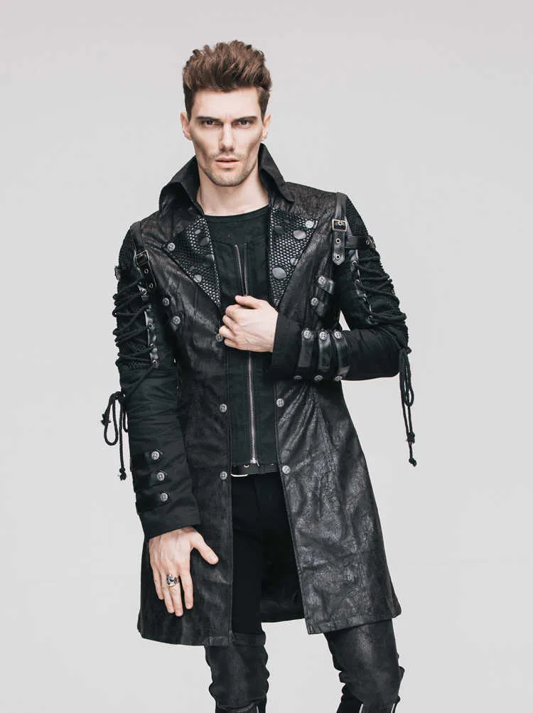 Devil Fashion Steampunk Gothic Black Red Autumn Winter Coats Outerwears Punk Faux Leather Men's Military Uniform Long Jackets 211011