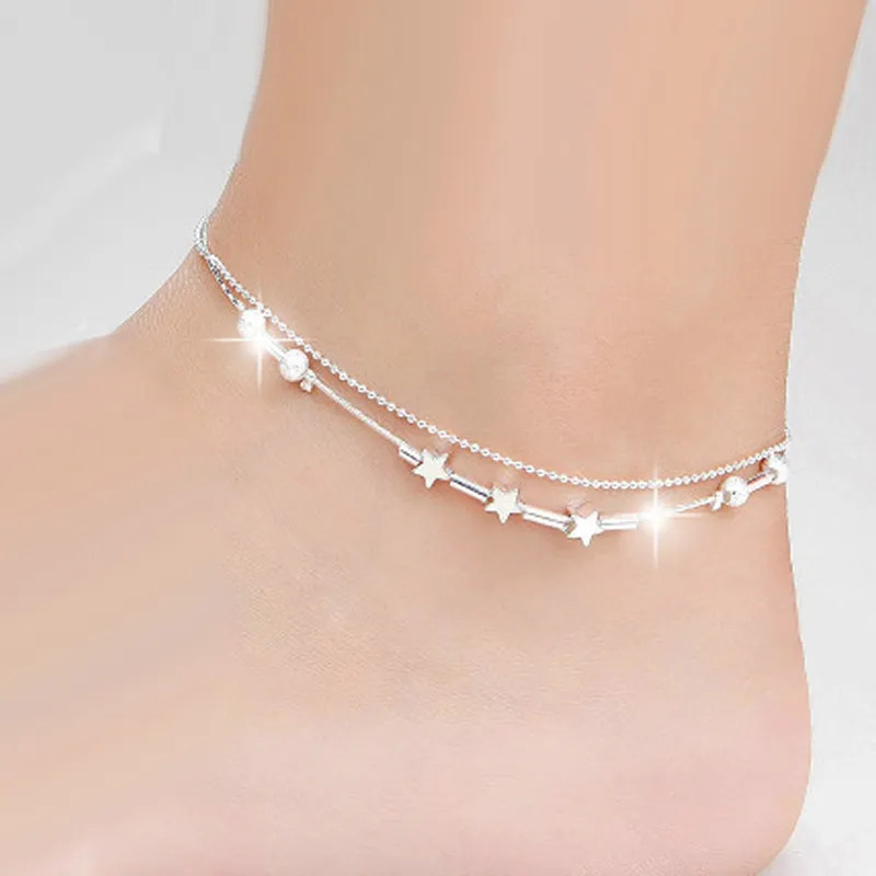 Sexiga Barefoot Smycken Plata Stjärnor Pärlor Star Mix Design Double Deck Anklet för Kvinnor Tjej Silver Färgfot Armband