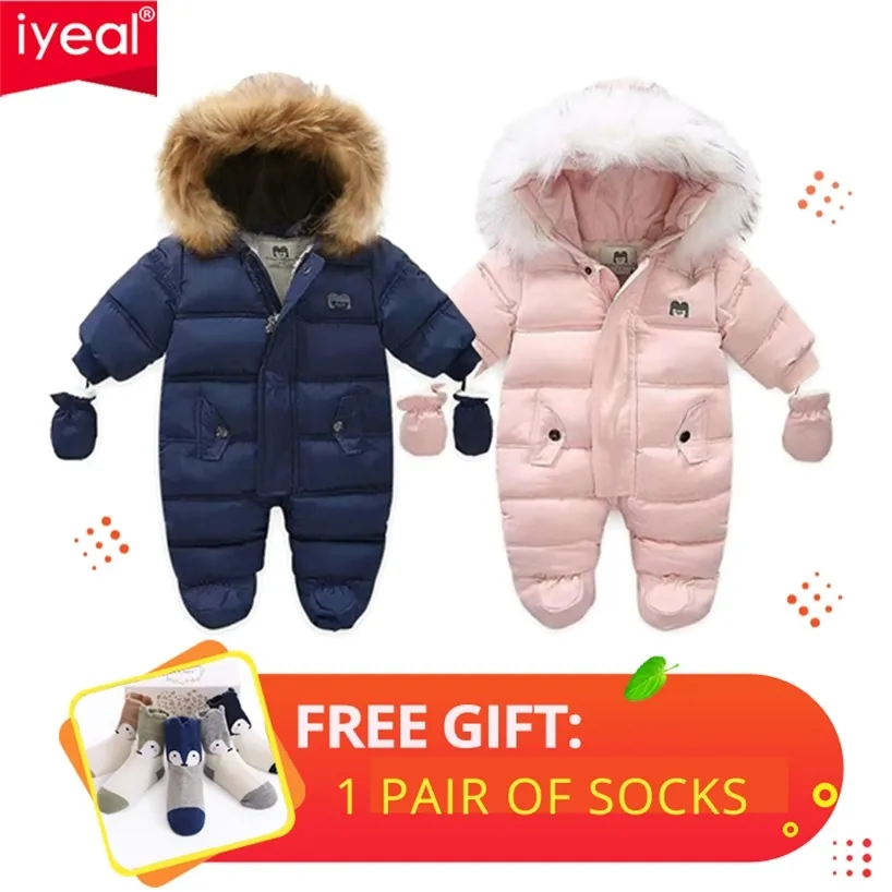 Iyeal winter babykleding met hooded bont geboren warme fleece bunting baby snowsuit peuter meisje jongen sneeuw slijtage uitloper jassen 220106