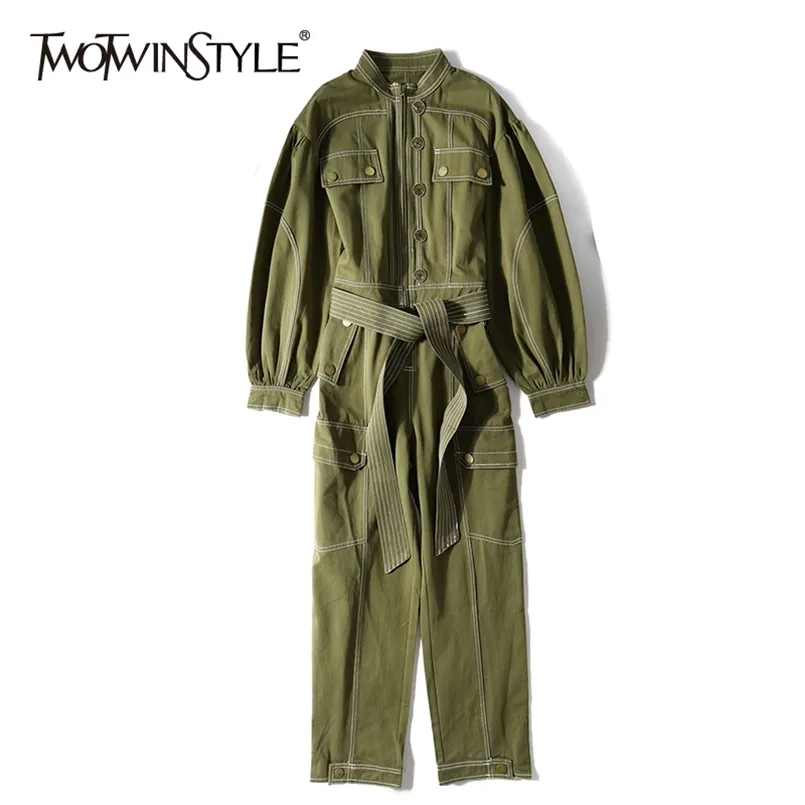 Combinaison de style Safari décontracté pour femmes Col à manches longues à manches longues taille haute patchwork Bowknot Jumpsuits femelle 210521