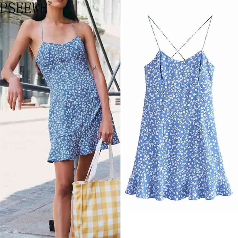 Vestido Mujer Azul Floral Corto Es Mujer Verano Moda Ruffle Slip Mini Sexy Holiday Beach Sundress 210519