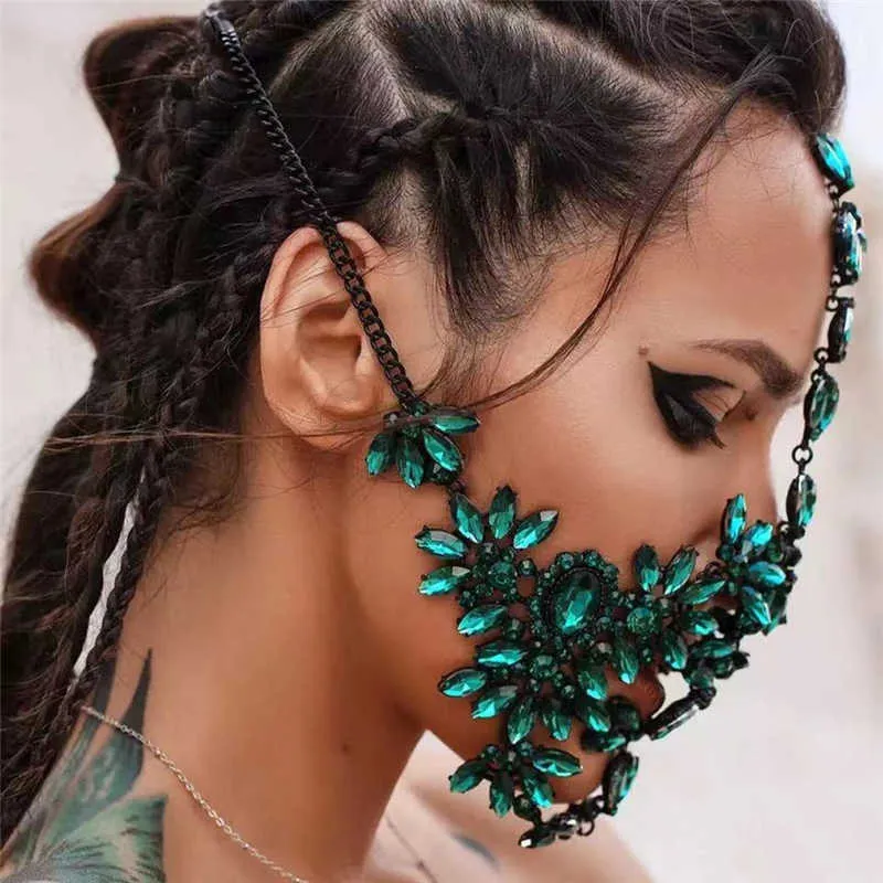 Bling Rhinestone Designer Green Masks for Fashion Face Women Luxury Jewelry Halloween Crystal Decor Carnival Masquerade Mask Q0818