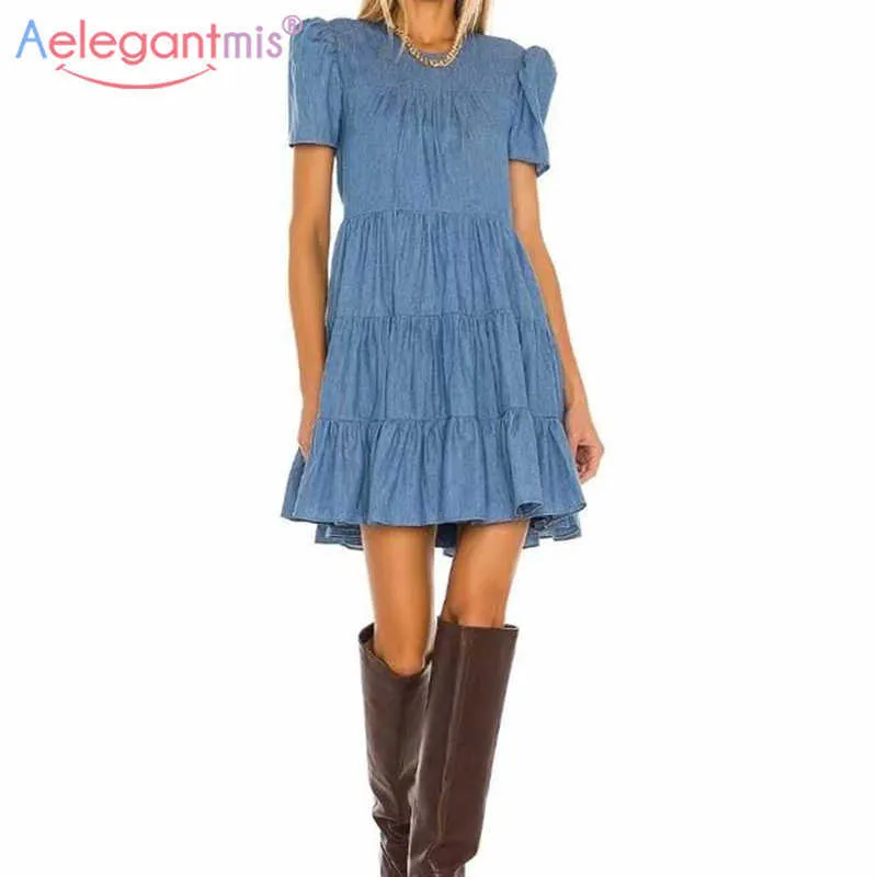 Aelegantmis Vintage Denim Elbise Kadın Puf Kol Kısa Gevşek Mini Elbiseler Kadın O Boyun Bir Çizgi Vestidos Moda 210607