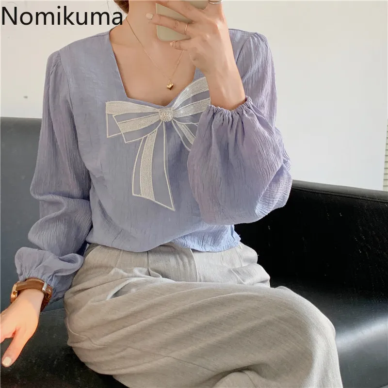Nomikuma boog knoop decoratie elegante shirts vrouwen vierkante kraag lange mouw blouse camisas koreaanse stijl blusas mujer 210514
