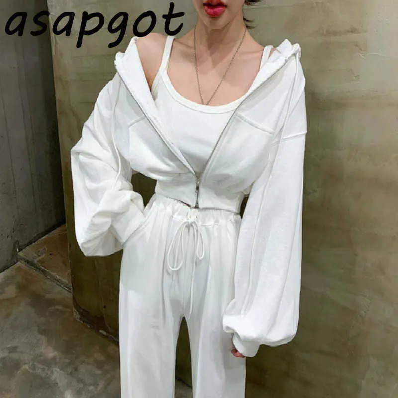 Asapgot Automne Corée Chic Rétro À Capuche Lanterne Manches Fermeture À Glissière Sweats À Capuche Manteau Camisole Élastique Taille Haute Pantalon Droit Casual 3sets 210930