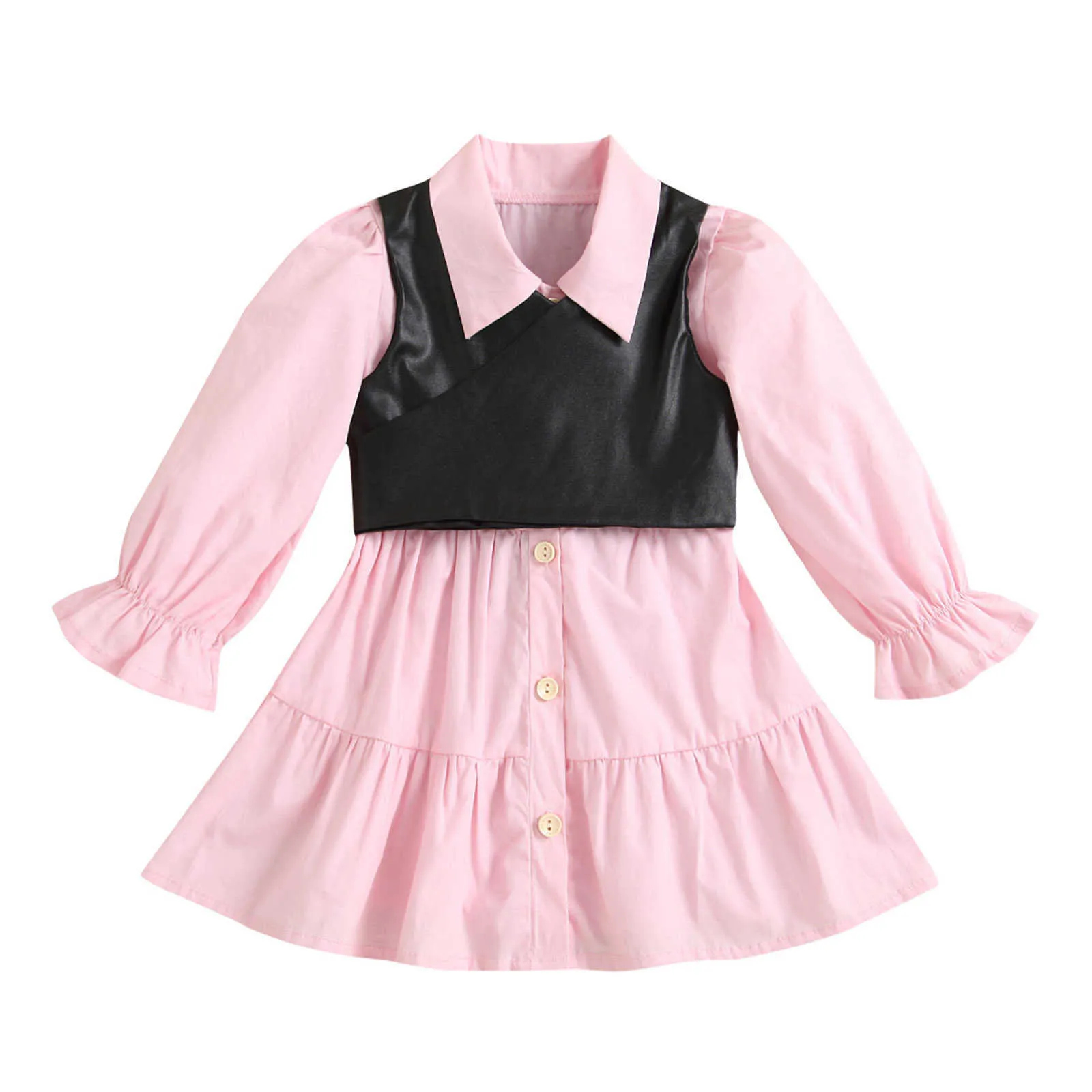 1-6Y Höst Kids Girls Dress Solid Single Breasted Lapel Ruffle A-Line Shirts Klänning + Spaghetti Strap PU PU Läder Vest 2PCS Outfit G1026