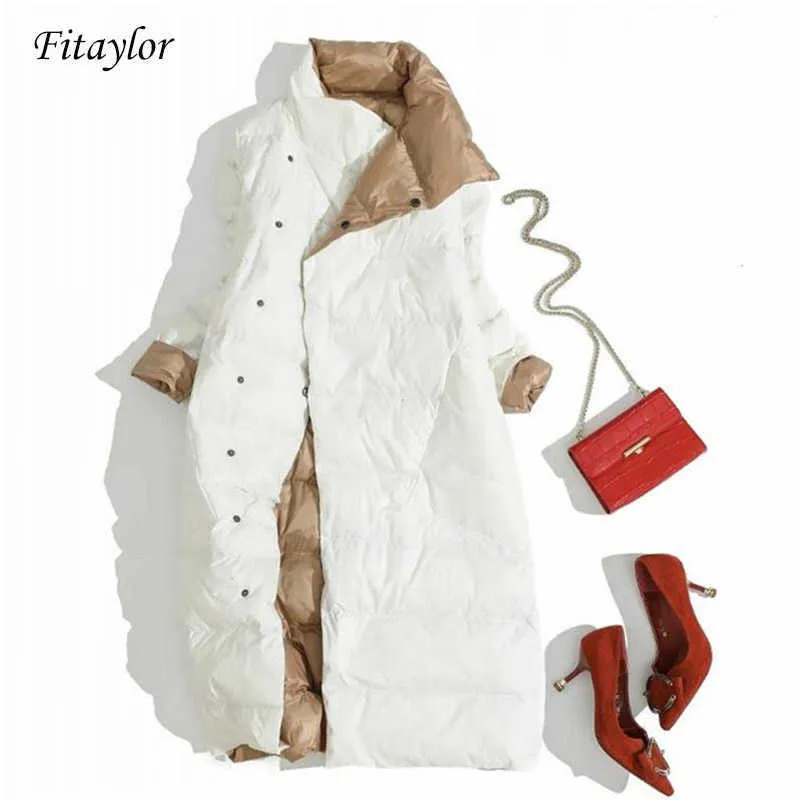 Fitaylor Plus Size Women Double Sided Down Long Jacket White Duck Down Coat Winter Double Breasted Warm Parkas Snow Outwear 211012