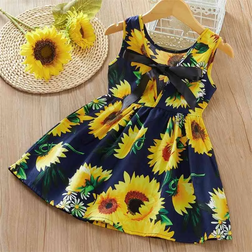 Baby-/Kleinkind-Mädchen-Sonnenblumen-Druck-Bowknoten-ärmelloses Kleid 210528