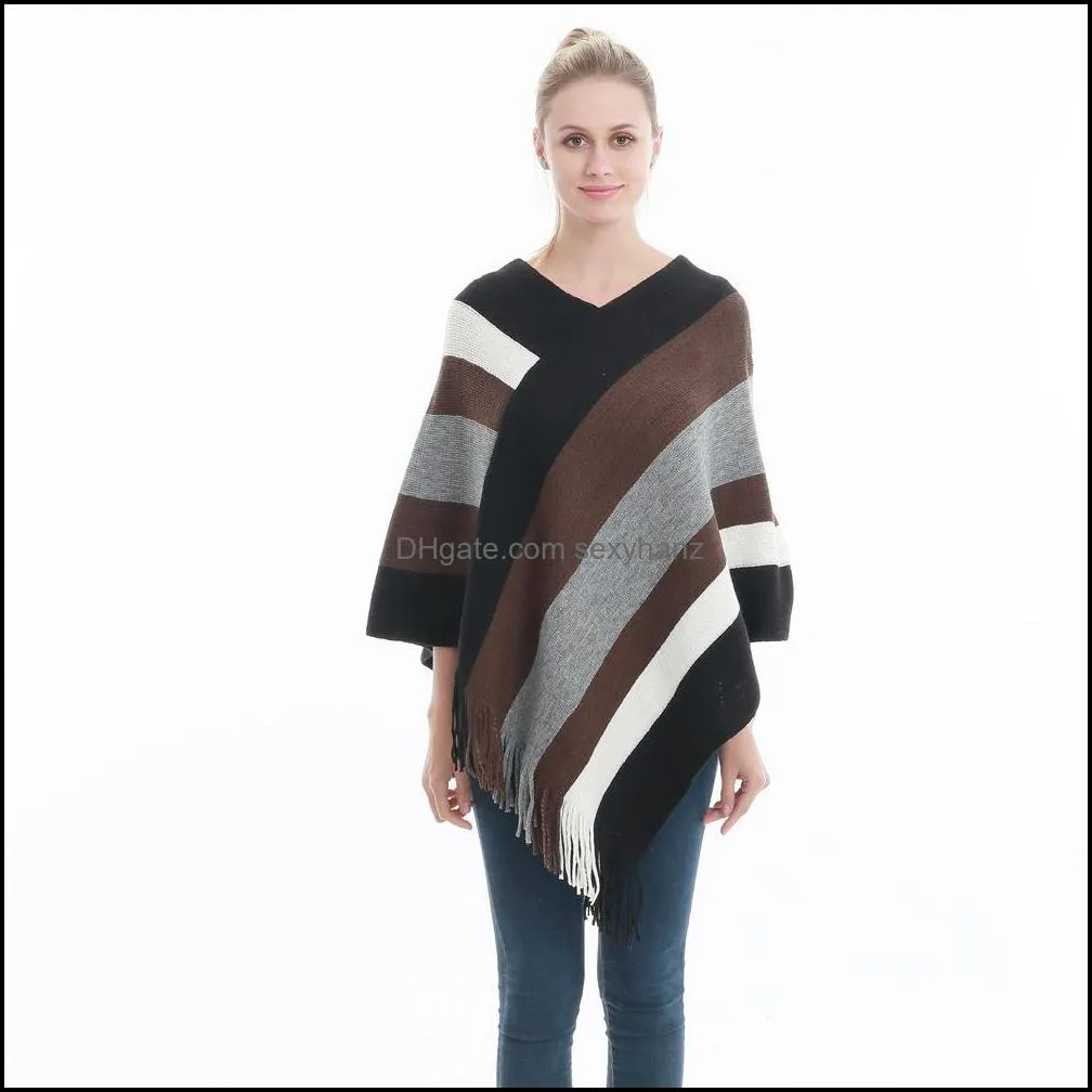 Women Striped Tassel Poncho Sweater Knit Scarf Wrap Loose Shawl Vintage Scarves Cloak Coat Girls Winter Warm Home Clothes GWF11084