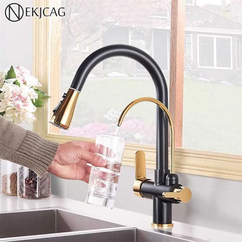 Black Gold Filter KitchenFaucets Pure Water Rotatable Dual Spout Kitchen Faucet Dual Handles Filtered Mixer Tap For Kitchen 211108