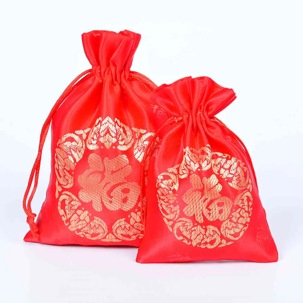 Röd silke broder s smycken förpackning bröllop favorispåsar parti supply organza gåva 50pcs lycklig väska hela