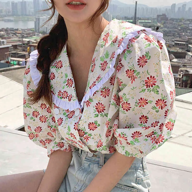 Elegant Wooden Ear Edge Splicing Peter Pan Collar Floral Double Breasted Loose Puff Sleeve Shirt Summer Vacation 16W947 210510