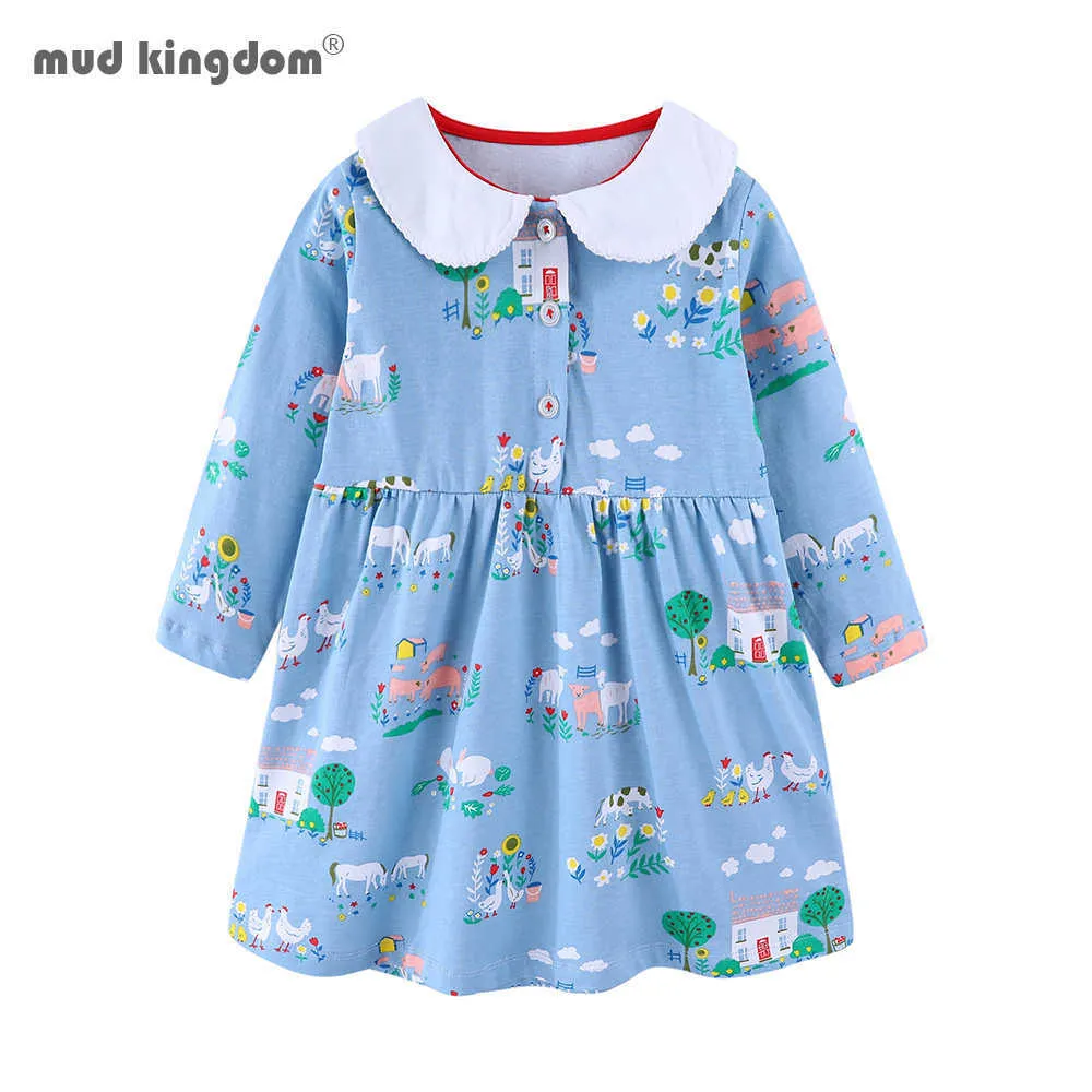 Mudkingdom Girls Dress Autumn Clothes Long Sleeves Floral Children's Peter Pan Collar Dresses Kids Clothing 210615