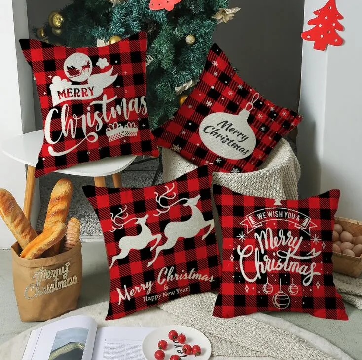 Christmas Pillow Case 18x18 Inches Linen Decoration Throw Pillowcover Red Plaid Santa Deer Cushion Covers for Xmas Holiday Decorations