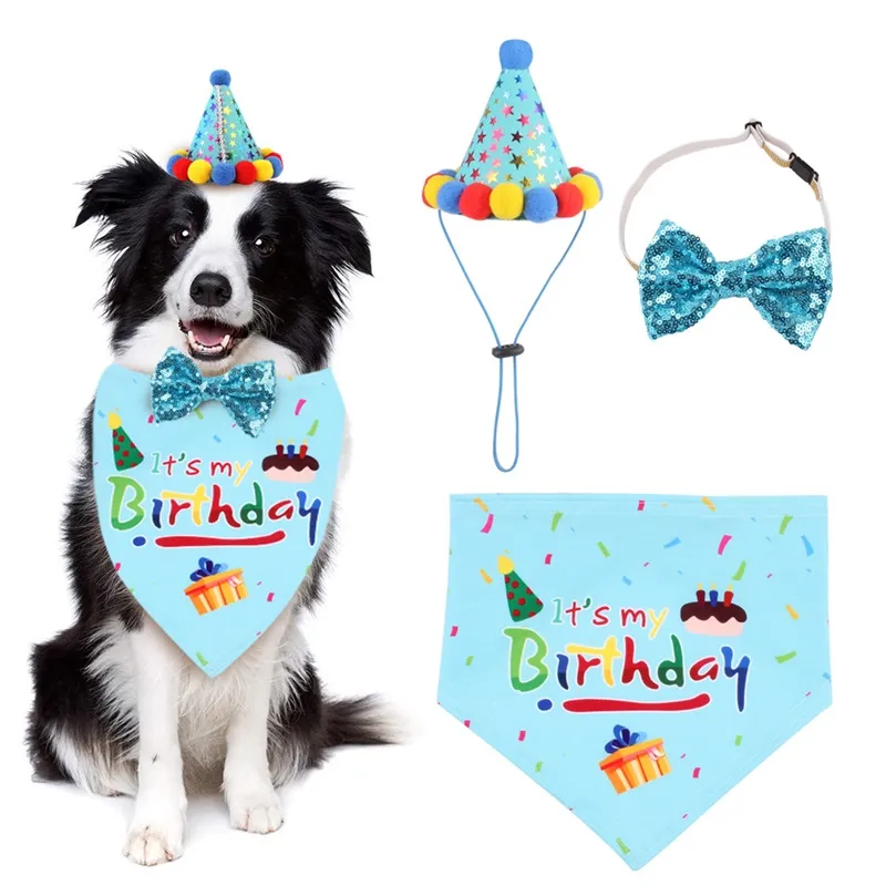 Animaux de compagnie anniversaire décorer Articles chien vêtements trois pièces ensemble écharpe chapeau Triangle serviette Pet fête ornement accessoires 13my T2