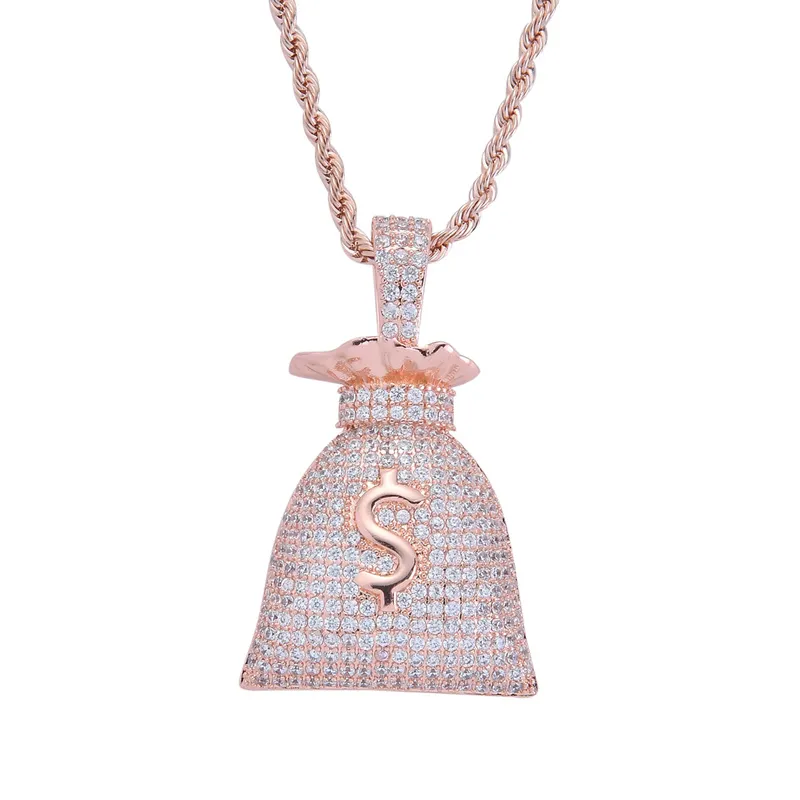 Brass Setting CZ Hip Hop US Dollar $ Mondy Bag Pendant Copper Micro pave CZ stones Necklace Jewelry