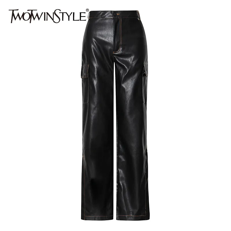 Twotwinstyle Casual PU Cuir Pantalon à jambes larges pour femmes Taille haute Bas Split Poche arrière Pantalon Femme Mode Élégant 210517