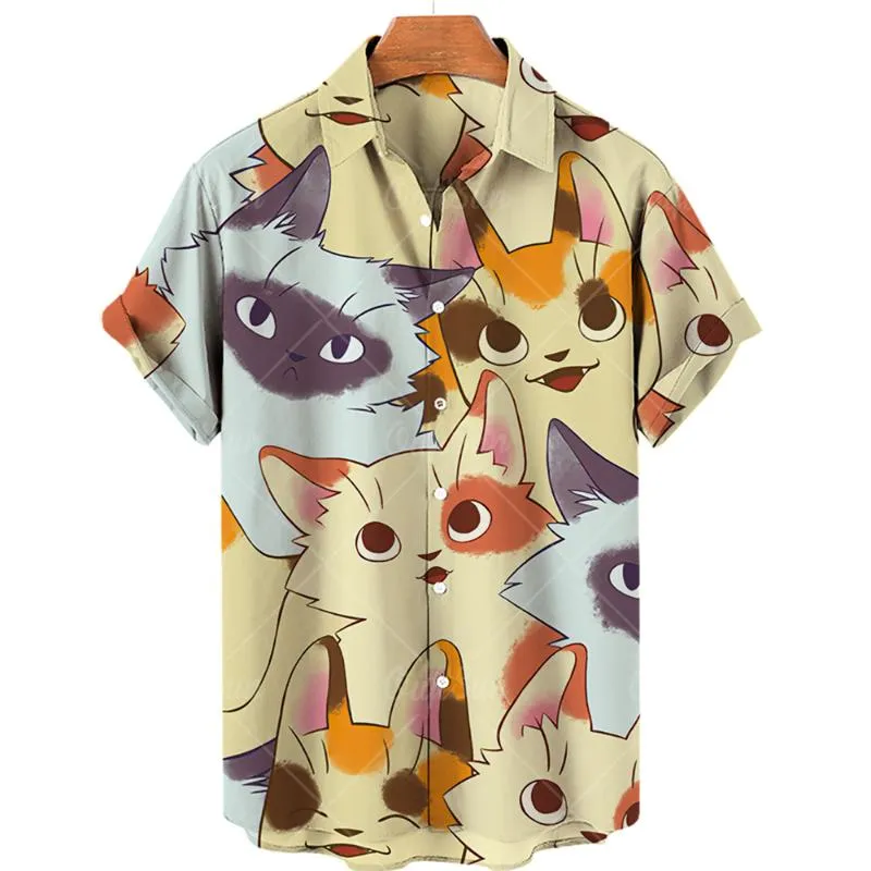 Herr T-shirts T-shirt med katttryck sommar 2022 Bomull Mjuka 3d-kläder Herr/Kvinnor V-ringad Mode Knappar Personlighet Toppar Hawaiian Lapel Shirts