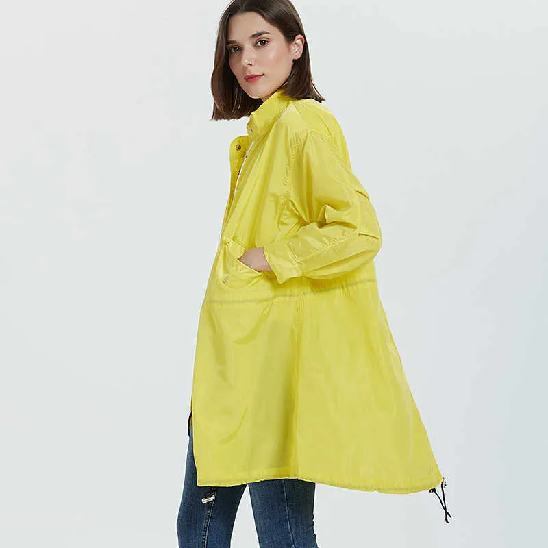 Trench Coat for Women Streetwear Arrival Polyester Sunscreen Summer Autumn Full Length Women Outwear Yellow Long Coat 210625