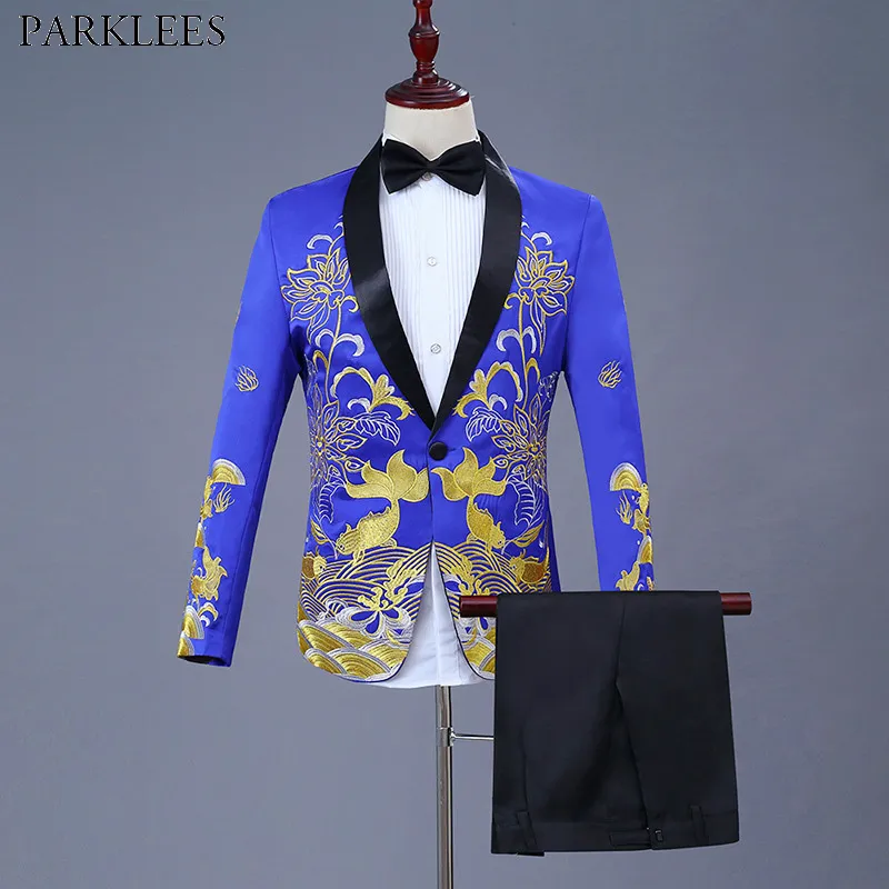 Costume de col châle bleu royal hommes costume 2 pièces (veste + pantalon) robe de marié de mariage costumes hommes scène chanteur vêtements Terno Masculino 210524