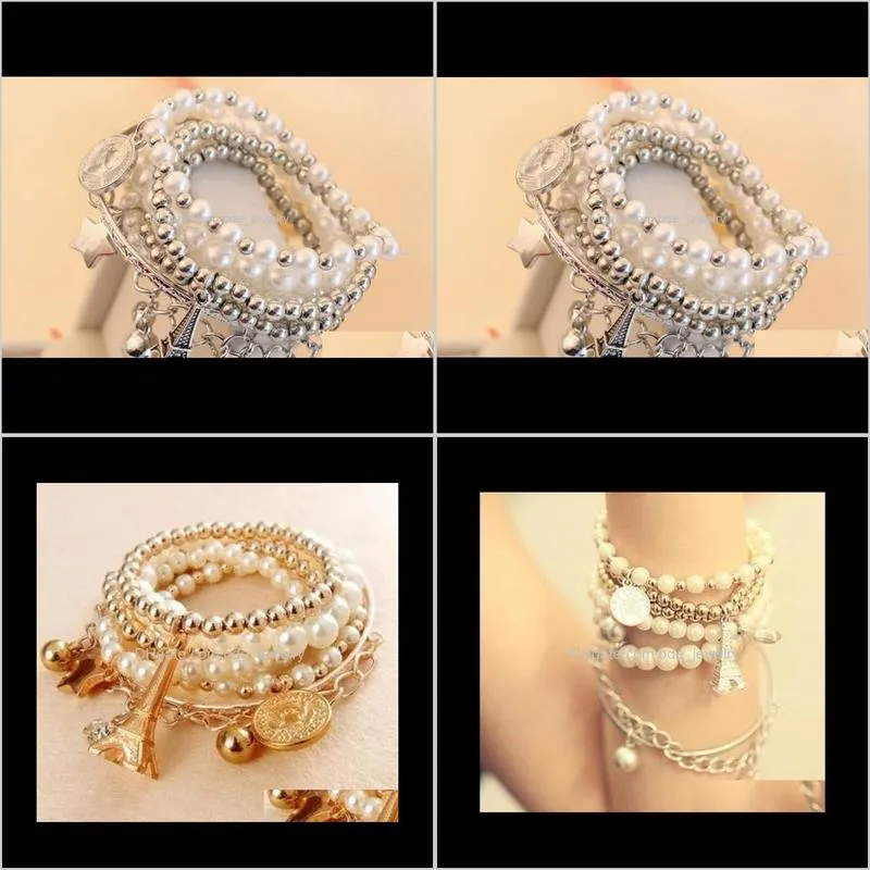 jewelry bohemian style gold/silver plated multilayer simulated pearl charms bracelets eiffel tower star coins pendant bracelet for