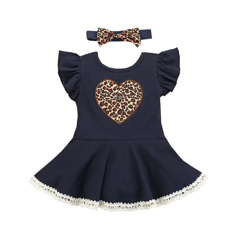 Mädchenkleider Kleinkind geborenes Baby Mädchen Ärmelkleid und Stirnband Mode Leopard Herz bestickt A-Linie Prinzessin 0-12M