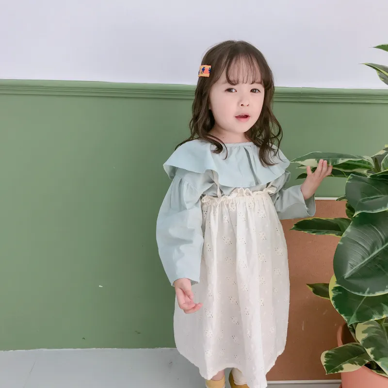 Spring Autumn cute kids pure cotton solid color Lotus leaf collar shirts baby girls loose blouses 210508