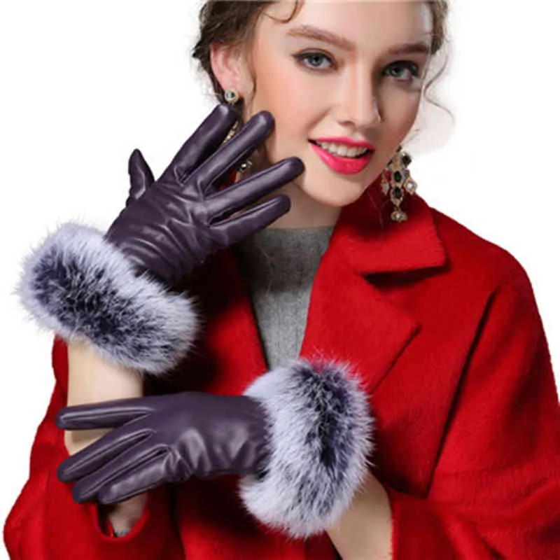 VISNXGI Kunstleder-Handschuhe für Damen, modisch, Schwarz, Herbst und Winter, Kaninchenfell, dick, wasserdicht, für Ski, Outdoor, winddicht, Zubehör