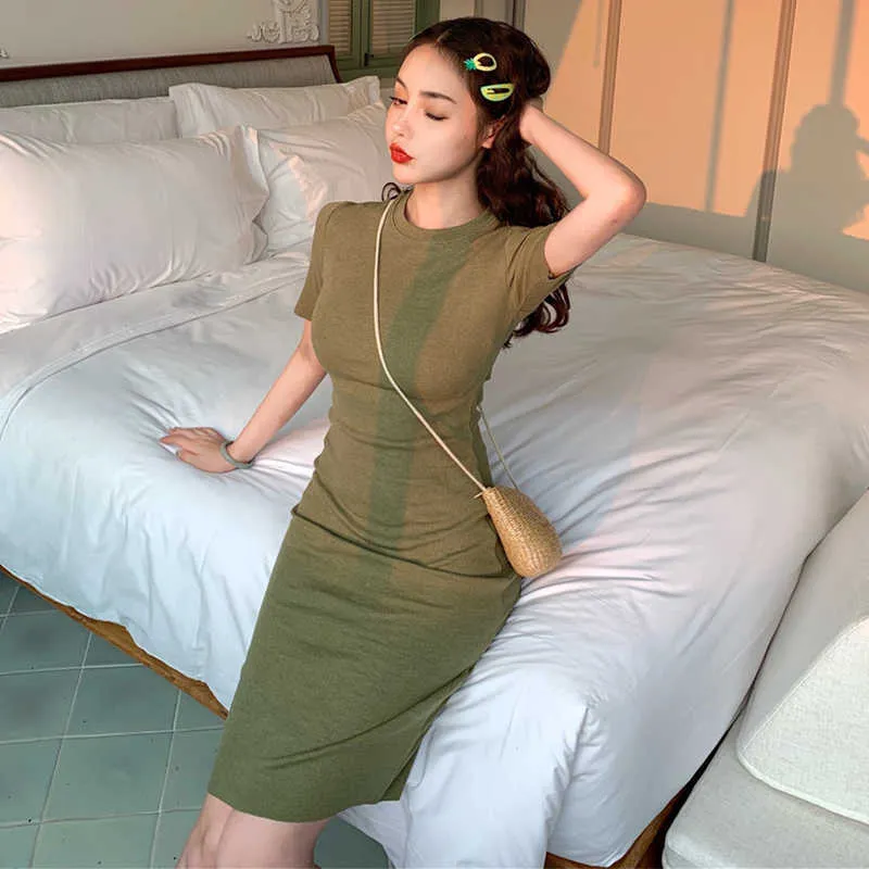 ヨーロッパのセクシーな半袖夏のo-neckハイウエスト原宿ヴィンテージシックな韓国のファッションソリッドドレス女性210608