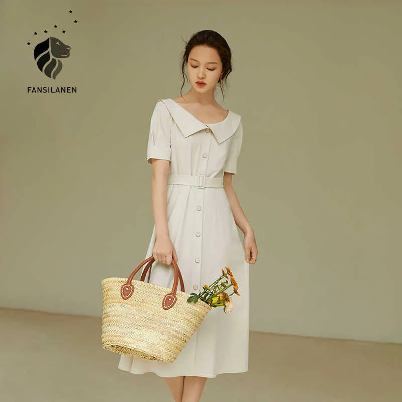 FANSILANEN Office Lady French Retro High Waist Short Sleeve Dress Women Summer Beige Yellow A-line Skirt Clothes 210607