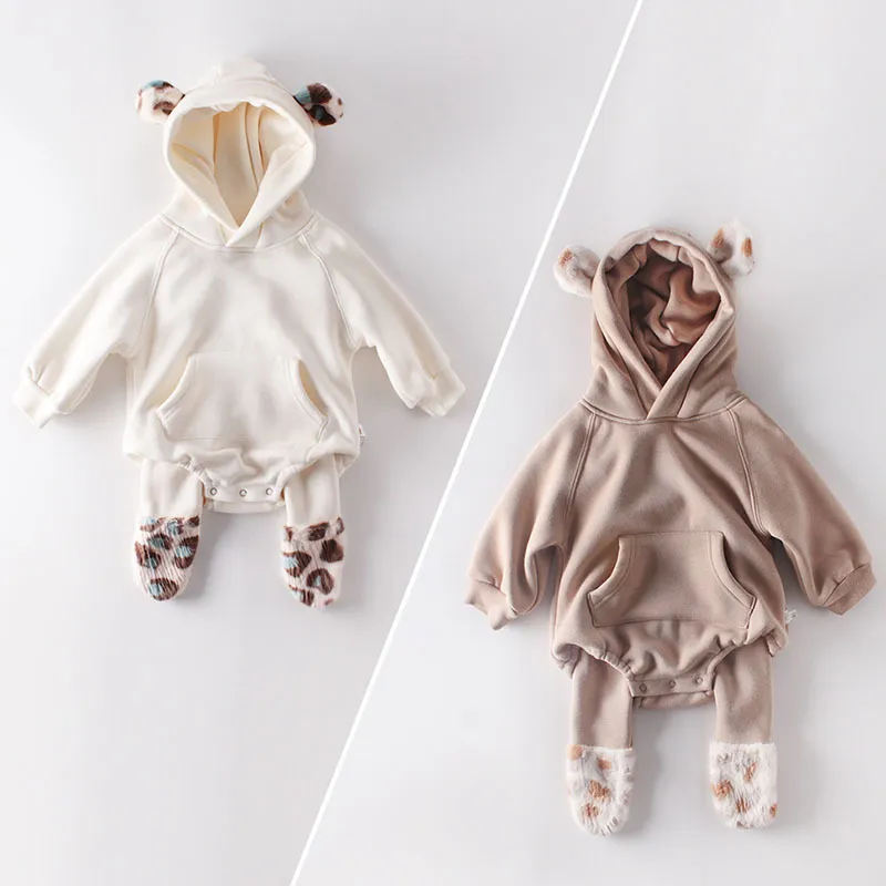 Infant Baby Boys Girls Rompers Clothes Plush ear Long Sleeve Autumn Winter Thicken 210429