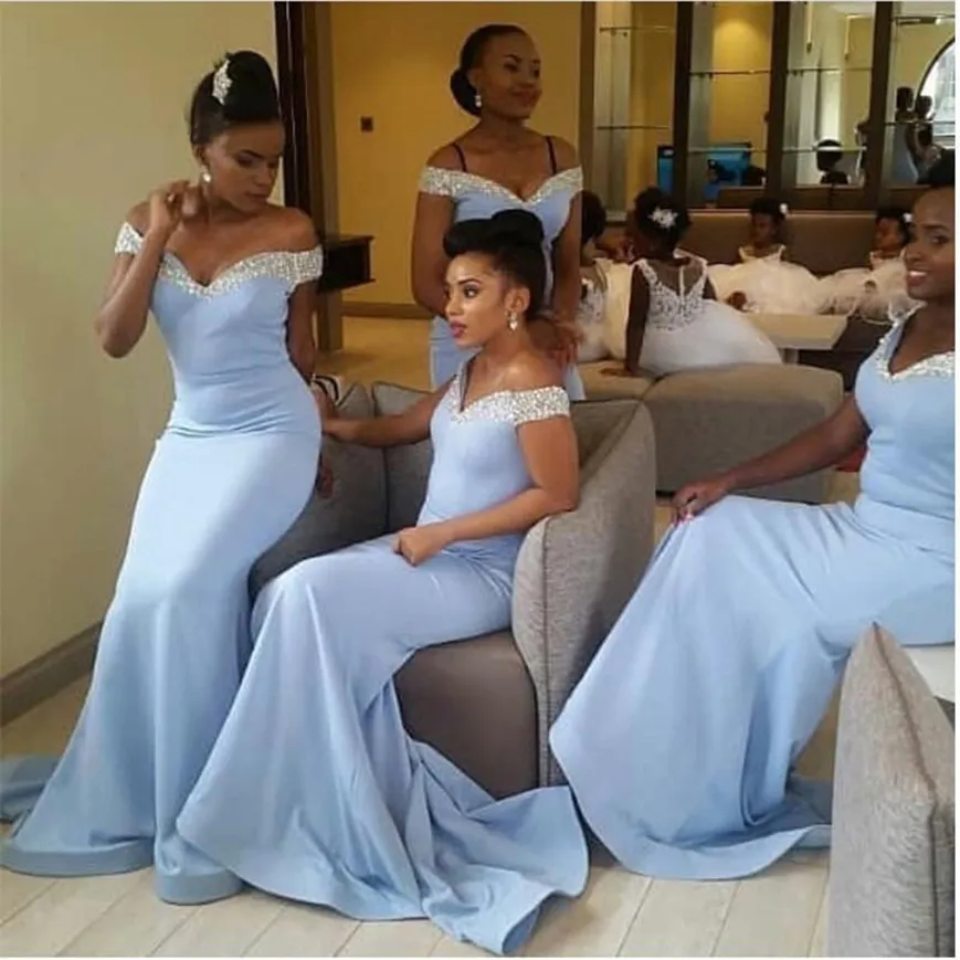 Céu claro Azul Africano Dama de Honra Vestidos Sereia Cetim Sparkle Cristais Própria de Honra Vestidos Off Shoulder Wedding Guest Dress