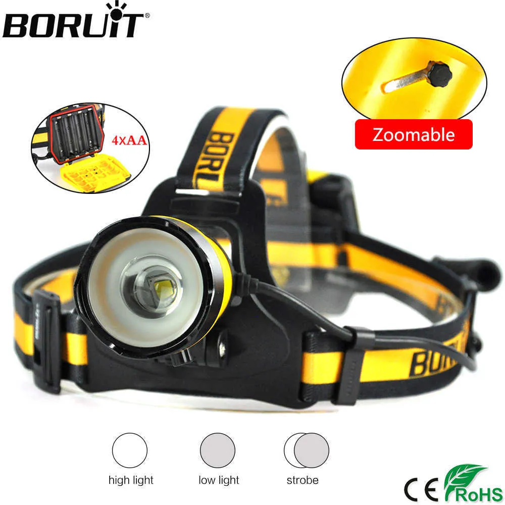 Boruit B16 XM-L2 LED Kraftfull strålkastare 1200LM 3-mode ZOOM-strålkastare IPX5 Vattentät campingjakthuvudbrännare Använd AA-batteri P0820