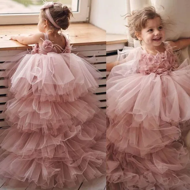 2021 Blush Pink Girls Pageant Dresses Ruffles Feather Flower Girl Dress For  Weddings Sheer Straps Tiers High Low Children Princess Birthday Party Ball 