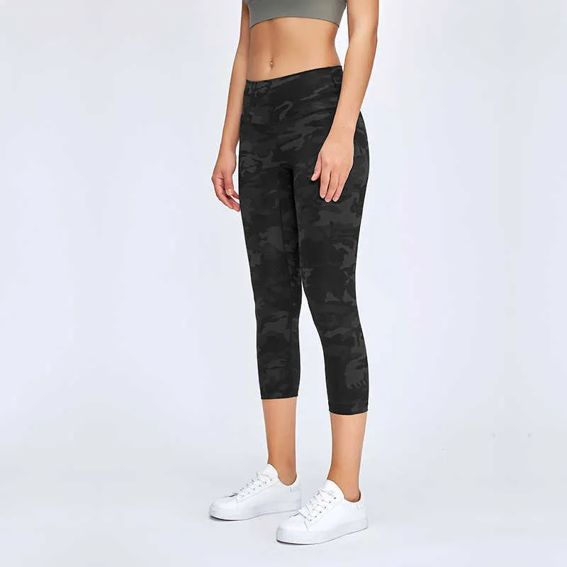 L-25 Women Girls Yoga Cropped Pants Leggings Running Fitness Tights Solid Color Lady High Waist Sports Trousers