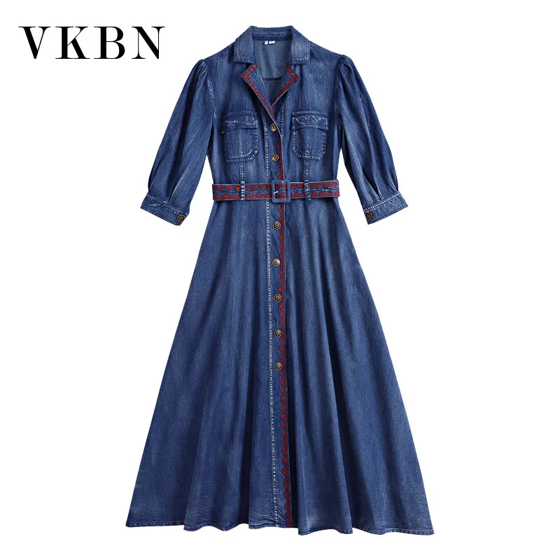 VKBN Spring Autumn Belt Jeans Dress Women Embroidery Lantern Sleeve High Waist Cowboy Dresses for Women Turn-down Collar 210507
