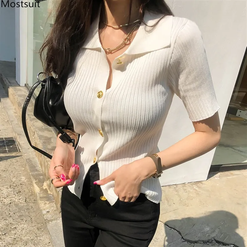 Été élégant pull femmes simple boutonnage blanc tricot Cardigan coréen à manches courtes col rabattu dames Cardigans 210514