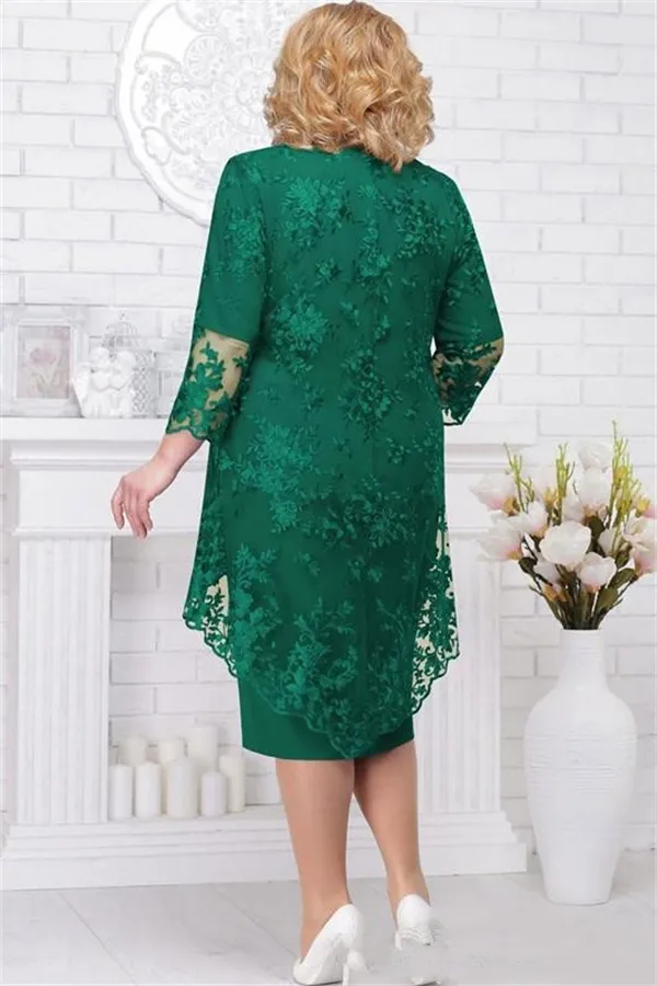 Hunter Lace Mother of the Bride Sheath green dress with Half Sleeves - Knee  Length Two-Piece Wedding Guest Outfit in Plus Size