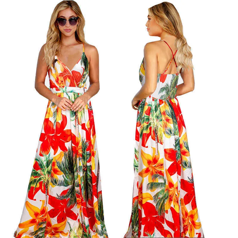 Kadınlar Sling Çiçek Uzun Elbiseler Yaz V Yaka Backless Floarl Baskı Parti Plaj Boho Maxi Elbise Seksi Sundress Lady Vestido 210526