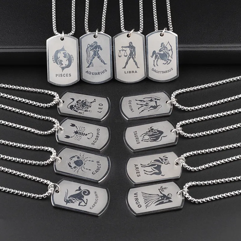 Mannen Hip Hop Roestvrij Staal 12 Sterrenbeeld Ketting dog tags Hangers Charm Star Sign Choker Astrologie Kettingen mode-sieraden wil en sandy