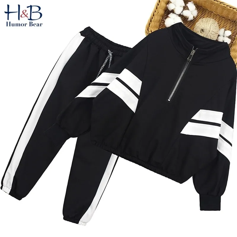 Girls Sports Clothes Autumn Striped Coat + Pants 2PCS Outfit Teenagers College Style Tracksuit for 4-13Y 210611