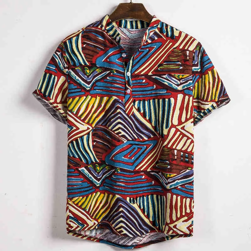 縞模様のシャツ男性半袖プリントカジュアルメンズシャツビーチホリデーハワイアンカミサスカラフルな民族スタイルリネンカミシア210524