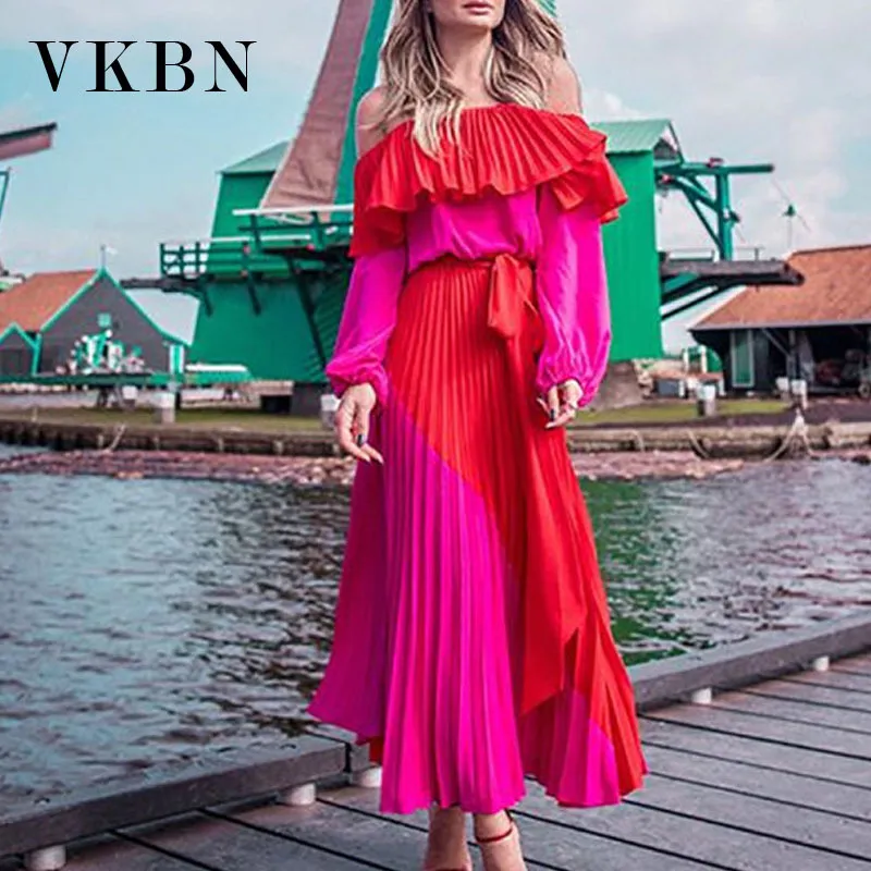 VKBN Sommerkleid Frauen Casual Laterne Ärmel Slash Neck Knöchellangen Rüschen Pullover Patchwork Rot 210507