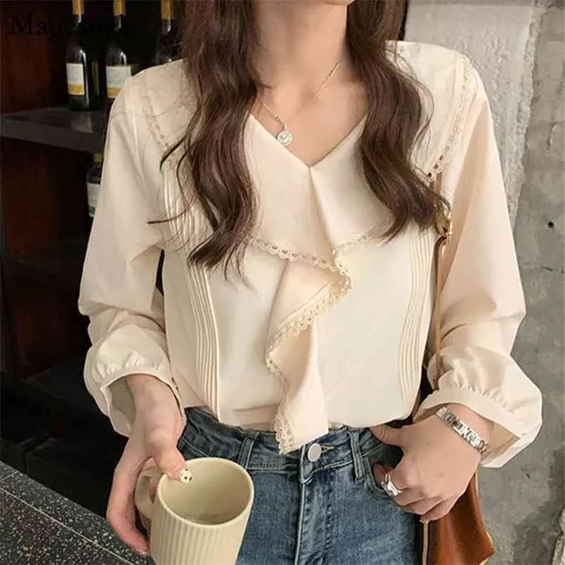 Jesień Elegancka Biała Bluzka Koronki Splited Ruffles Z Długim Rękawem Top Kobiety Office Casual V-Neck Vintage Koszula Blusas 11930 210512