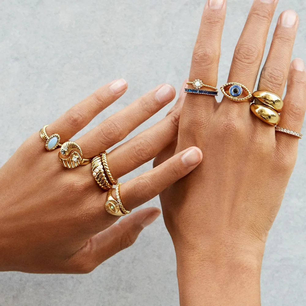 Bohemian Evil Eye Ring for Women Vintage Turkish Golh Rhinestone Devil Ring Enamel Jewelry