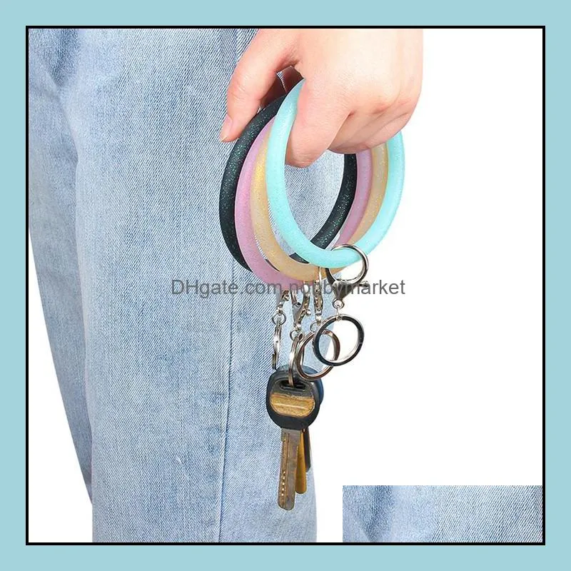 Silicone Wrist Key Ring Fashion Glitter Bracelet Sports Keychain Bracelets Bangle Round Key Rings Large O Keyring Jewelry T494