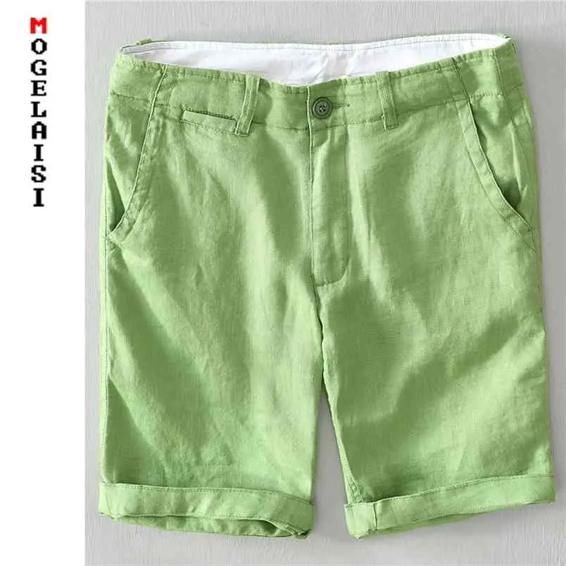 Verano 100% pantalones cortos de lino hombres sólido cómodo casual botón recto cintura bermuda tamaño asiático 1921 210629