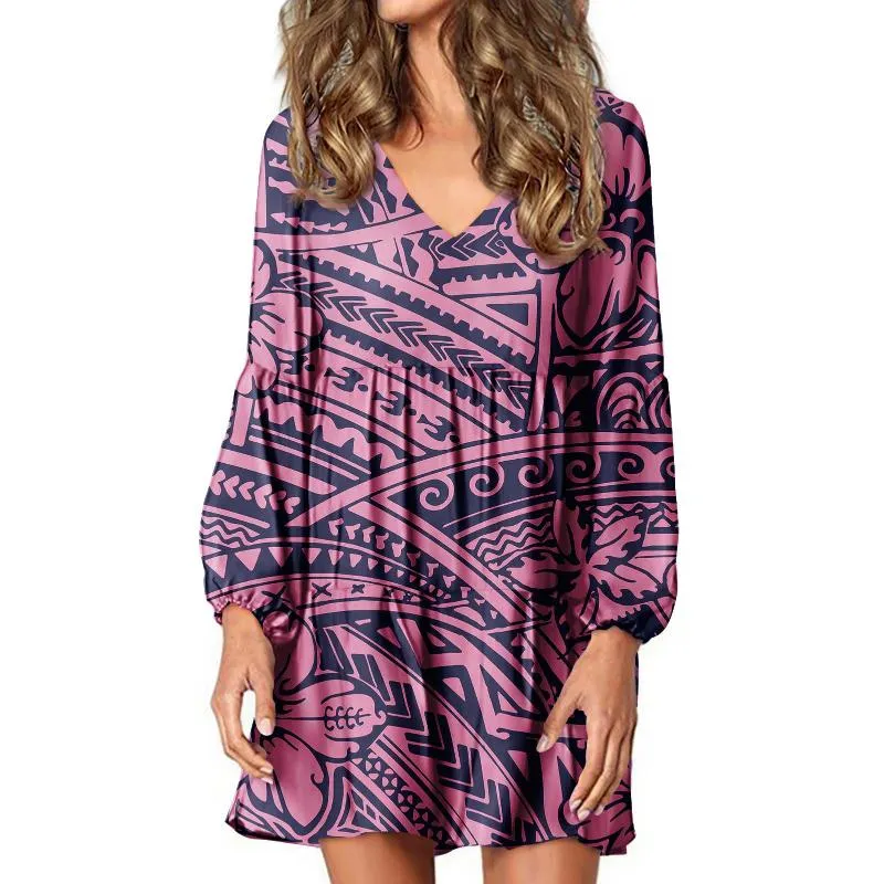 Casual Dresses HYCOOL Polynesian Hawaii Tribal Print Ladies Arrival 2021 Elegant Fashion Sexy V Neck Long Sleeve Clothing