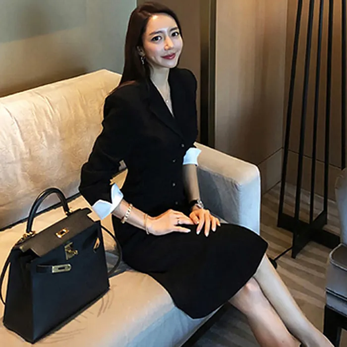 knee length dresses for ladies Zapaka Women Black and White Midi Work Dress Long Sleeves Single Breasted Blazer Dress, Black&White / L