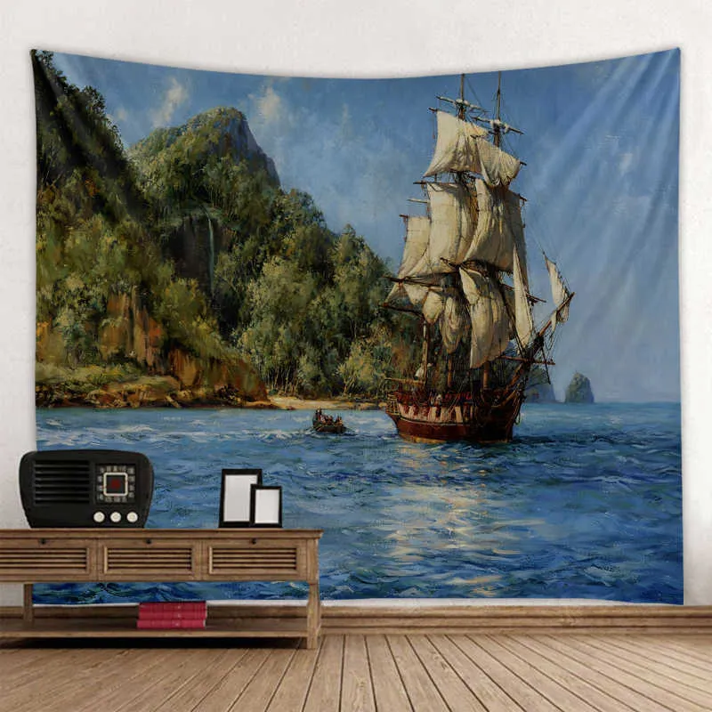 Żaglówka Gobelinowa Ocean Cruise Wall Wiszące Wielofunkcyjne Gobelinowe Boho Drukowane Bedspread Okładka Joga Mata Koc Piknikowy Tkaniny 210609